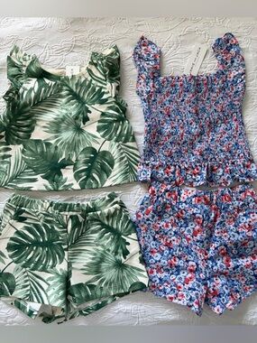 Janie and Jack Green Palm Print and Blue Floral Matching Sets 3T new